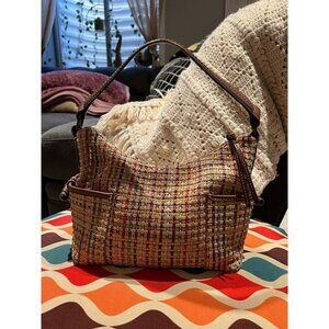 Fossil 1954 zippered Multicolor straw woven handbag with leather trim and interi